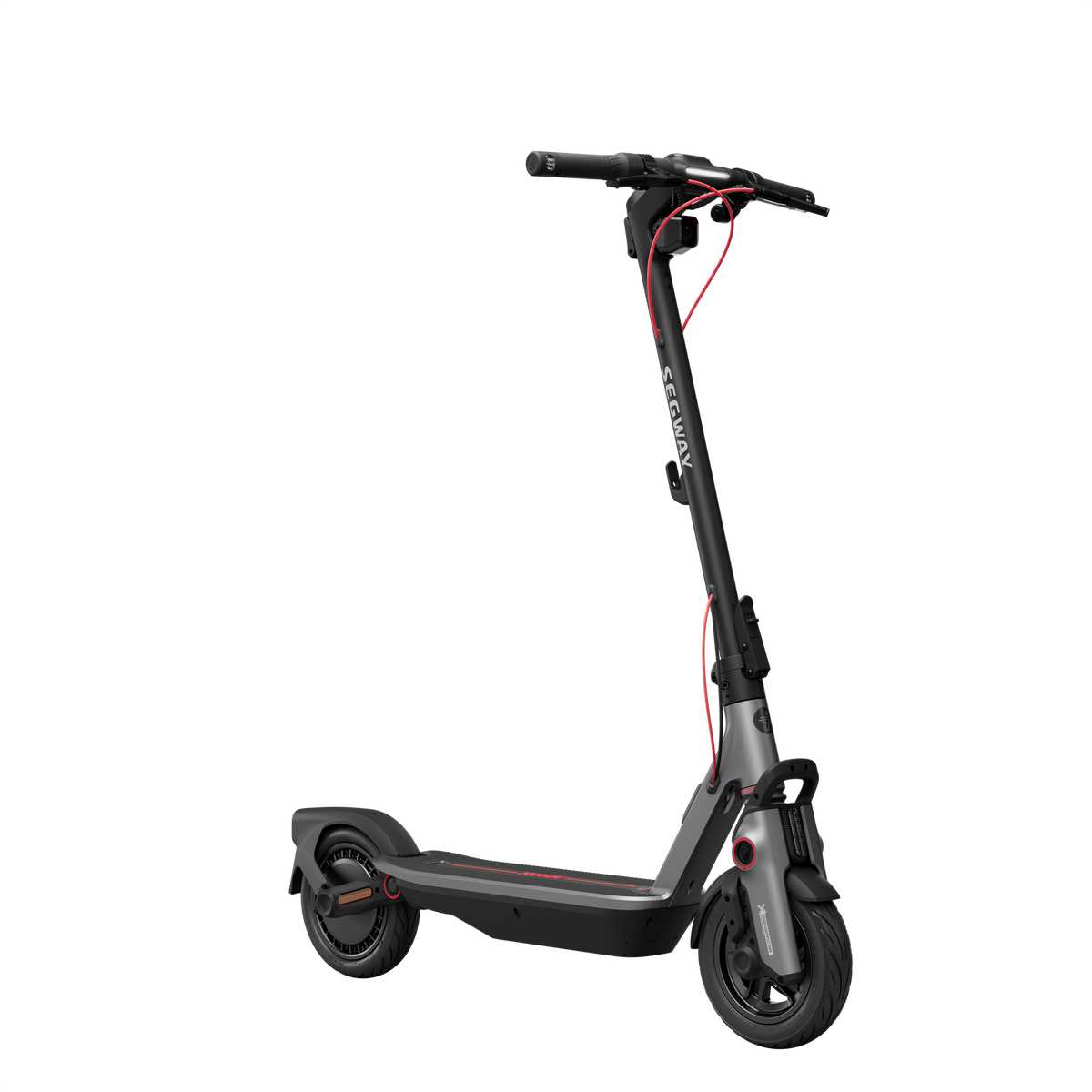 Scooter eléctrico negro sobre un fondo oscuro. Tiene un cable rojo y la marca Segway.