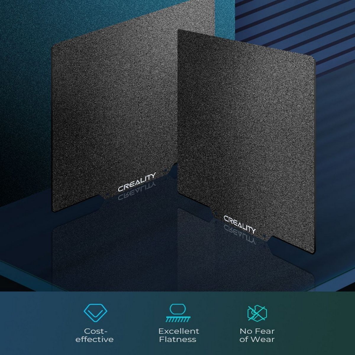 Dwa czarne stoły drukarki Creality z białym tekstem, z niebieskim tłem.