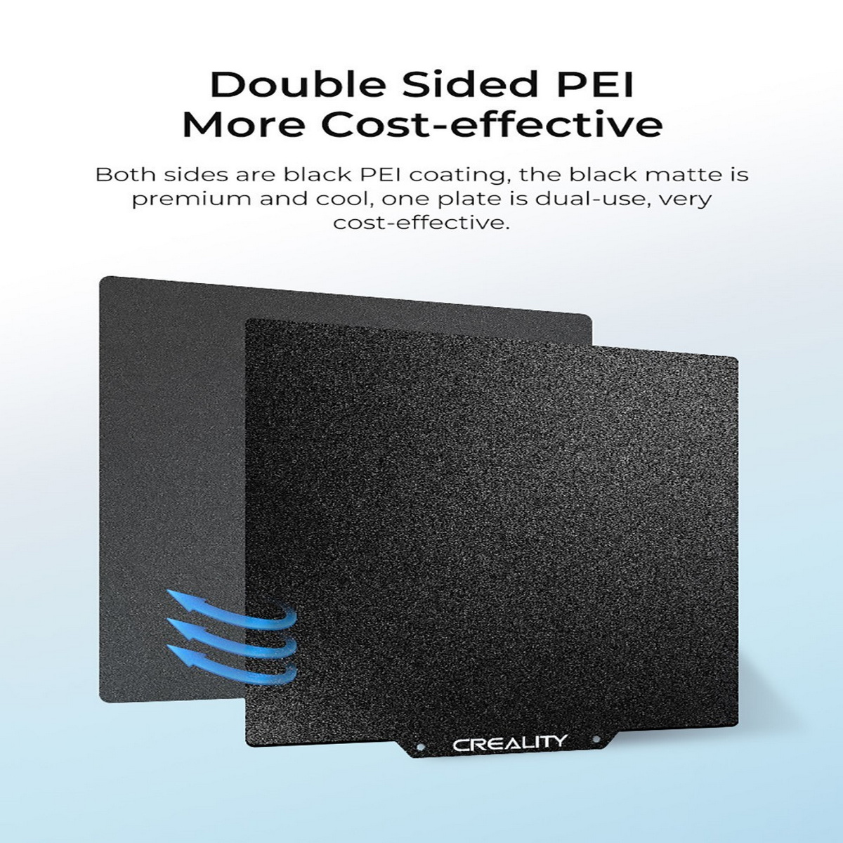 Dwa czarne stoły do drukarki Creality, z niebieskimi strzałkami i białym tłem.