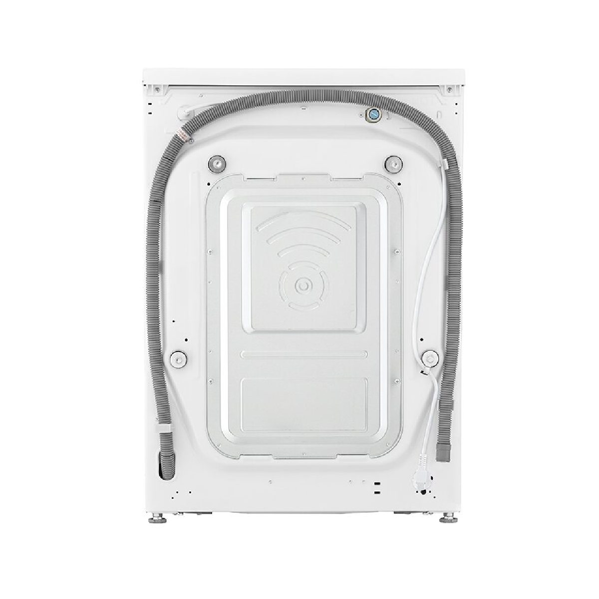 Parte trasera de una lavadora blanca. Muestra el panel trasero con mangueras y cable.