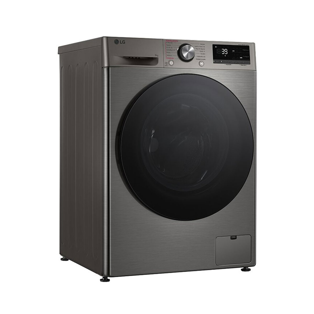 Lavadora LG gris oscuro, vista frontal, con puerta negra y pantalla digital. Aislada en blanco.