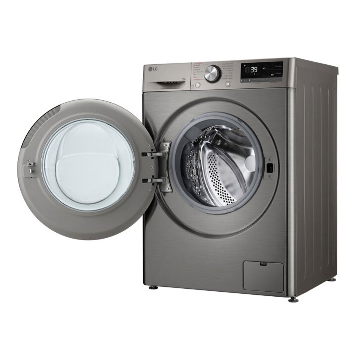 Lavadora LG gris oscuro con puerta abierta, mostrando el interior del tambor. Aislada en blanco.