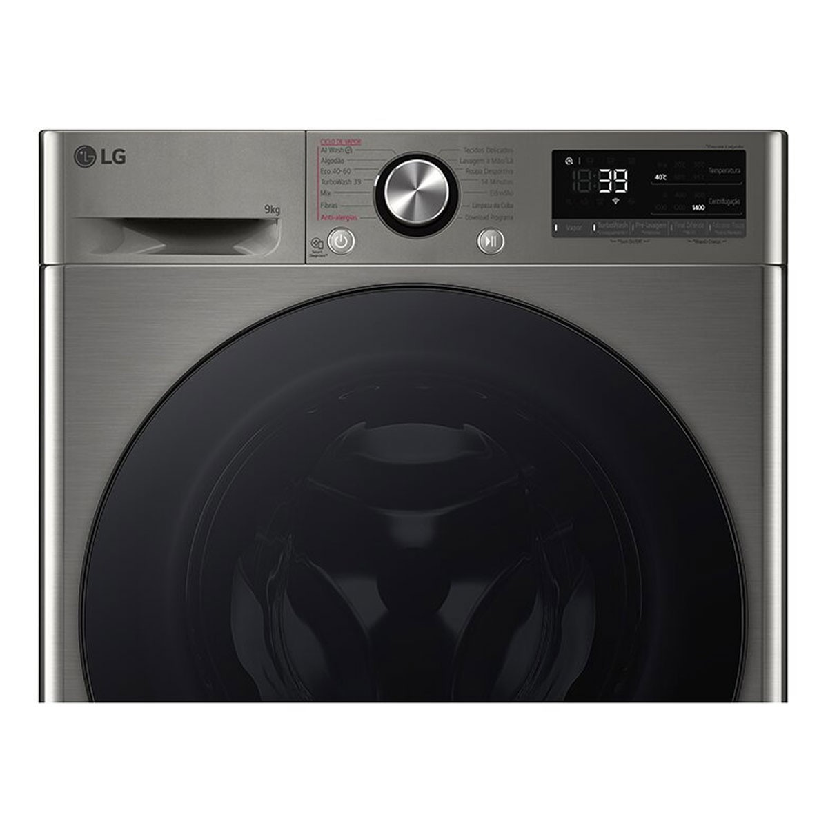 Frontal de lavadora LG plateada. Puerta y panel de control gris oscuro. Fondo blanco.