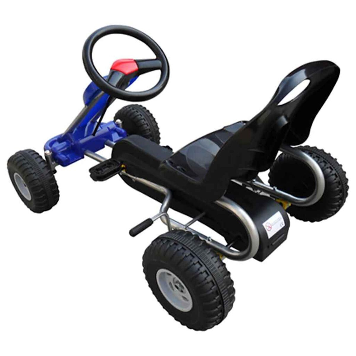 Auto a pedali blu e nero con volante e sedile nero.