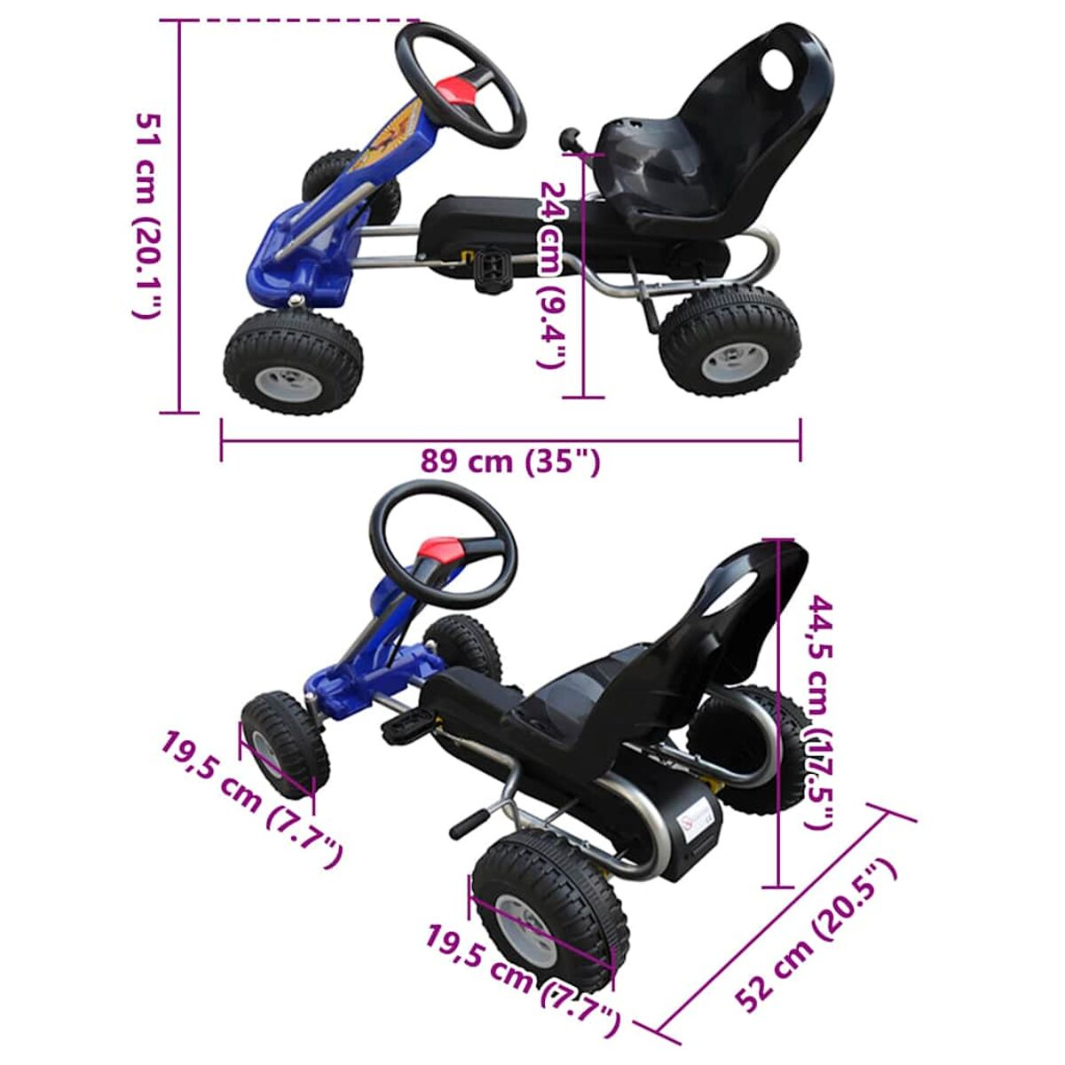 Diagrammi quotati di un'auto a pedali, che mostrano le misure.