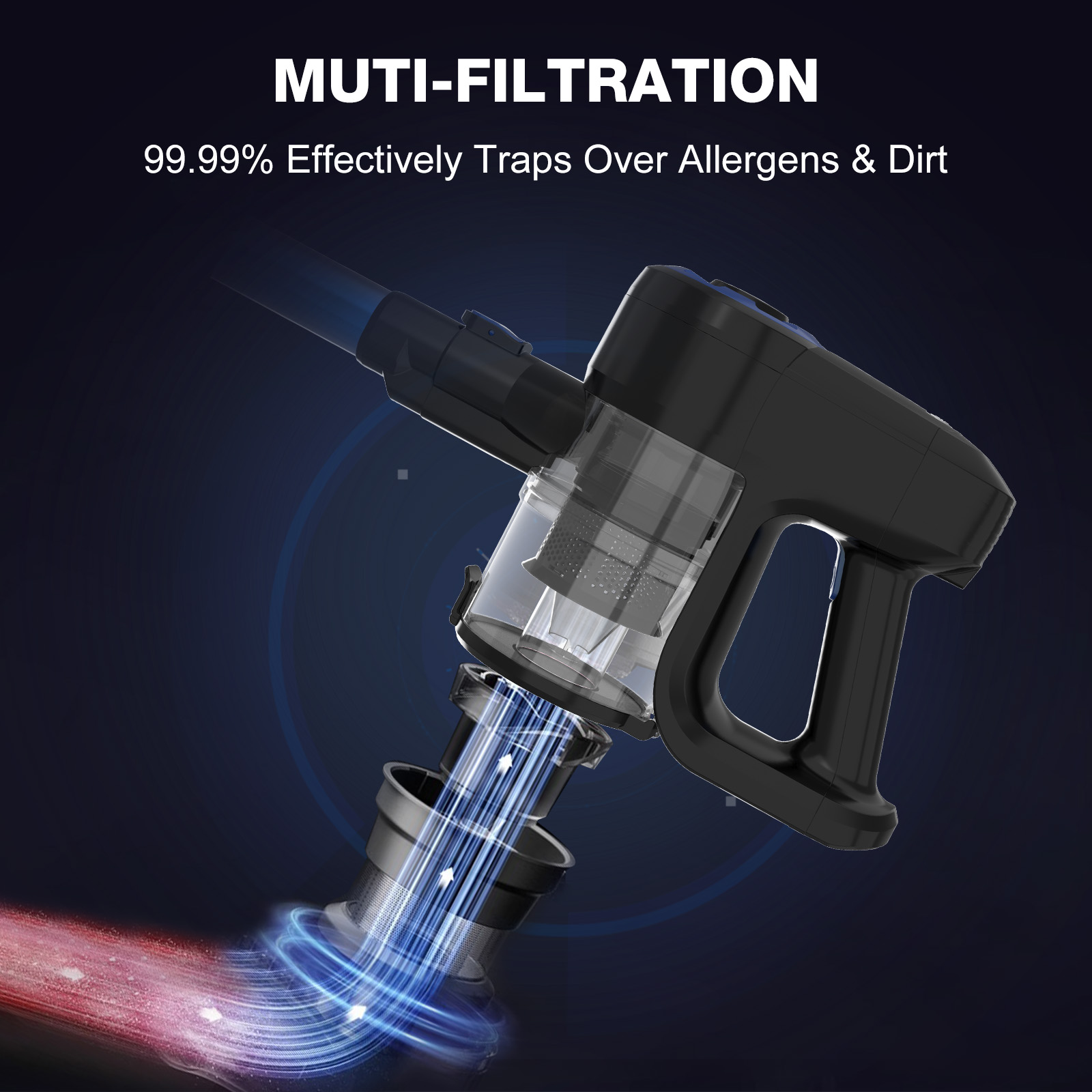 Czarny i szary odkurzacz z przezroczystym pojemnikiem. Strzałki wskazują przepływ powietrza. Tekst: Multi-filtracja.