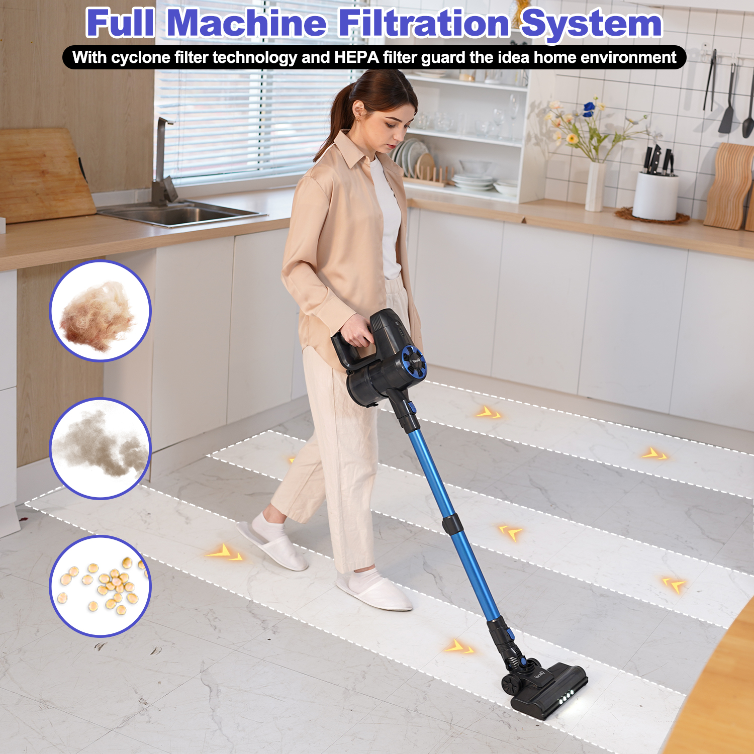 Kobieta odkurzająca podłogę. Trzy okręgi pokazują kurz, włosy i nasiona filtrowane przez maszynę.