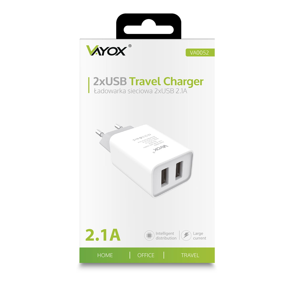 Biała ładowarka podróżna 2xUSB w opakowaniu, z wyjściem 2.1A.