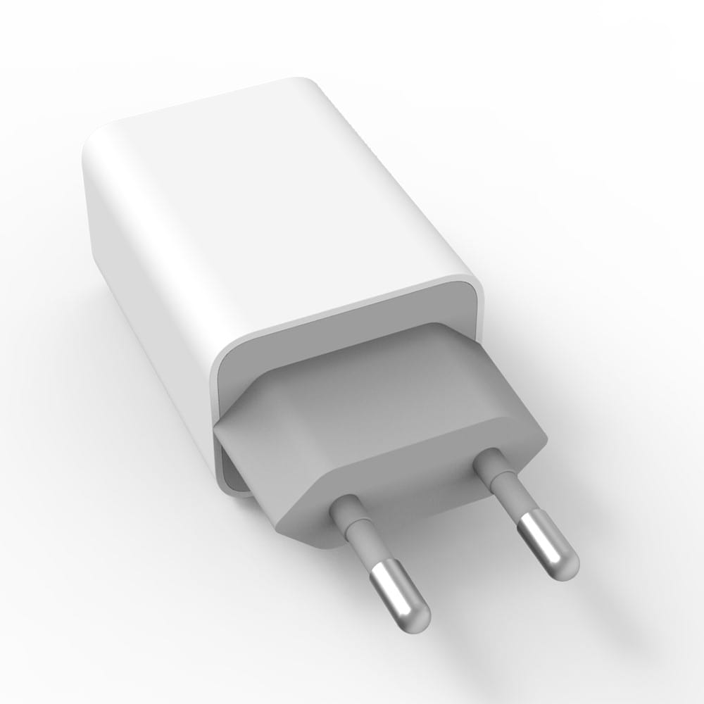Biała ładowarka z szarą wtyczką.