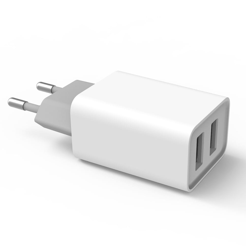 Biała ładowarka z dwoma portami USB, szara wtyczka.