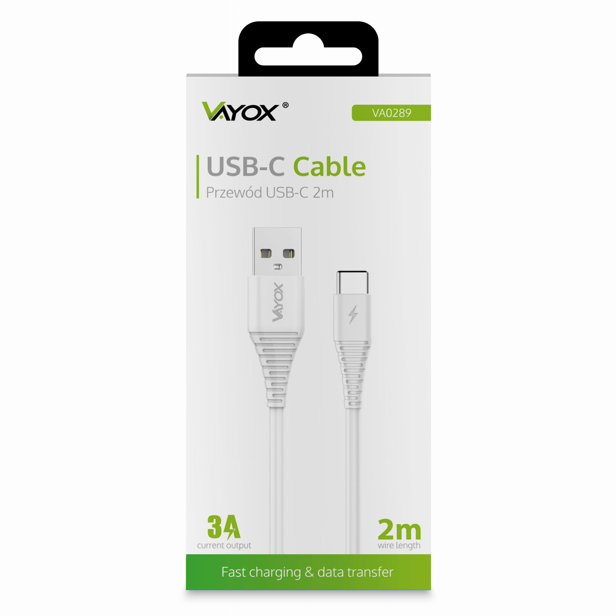 Biały kabel USB-C w pudełku. Kabel ma złącze USB-A i USB-C.