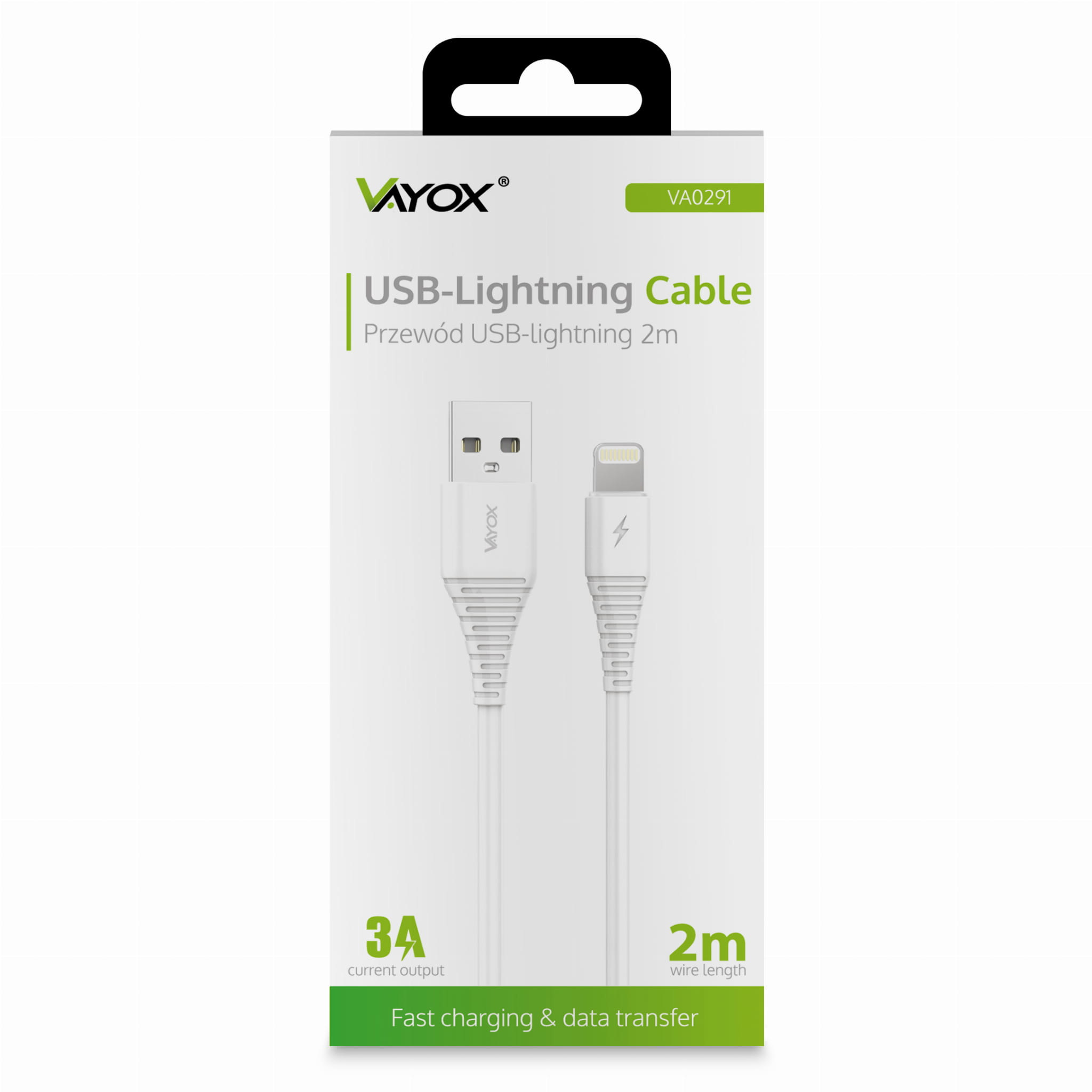 Pudełko z kablem VAYOX USB-Lightning, biały kabel i wtyczki. Tekst na pudełku.