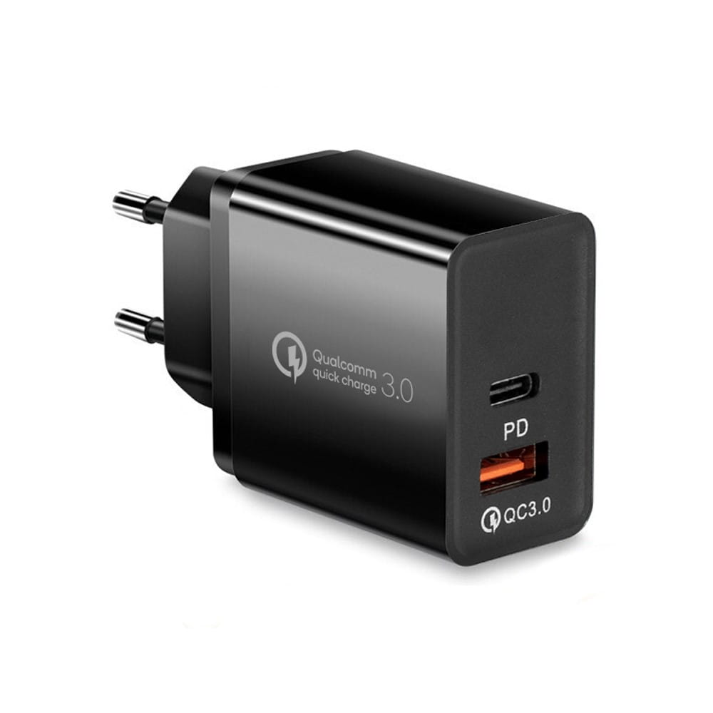 Czarna ładowarka z szybkim ładowaniem Qualcomm. Ma port USB-C i standardową wtyczkę.