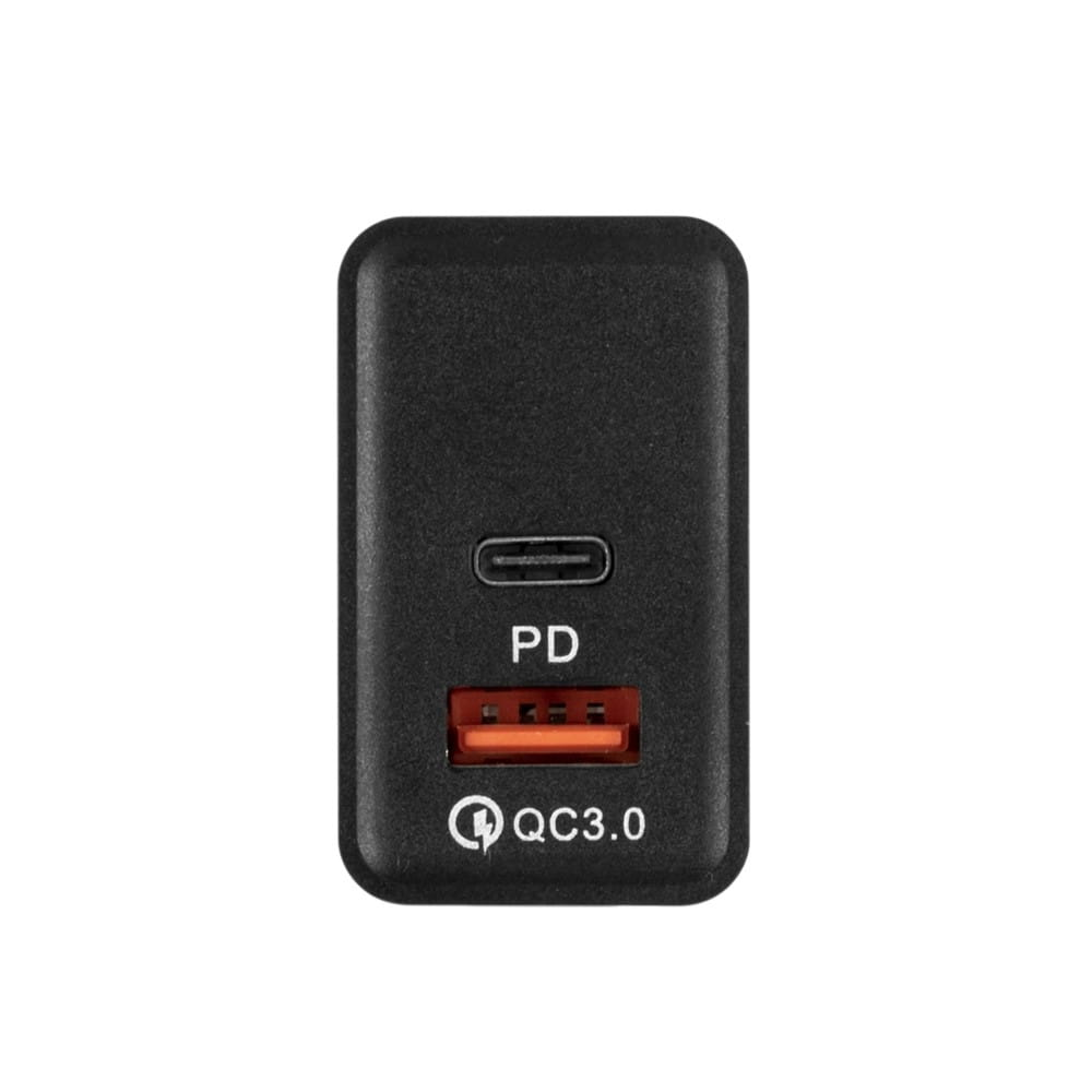 Czarna ładowarka z portem USB-C i logo oraz etykietą Qualcomm Quick Charge 3.0.