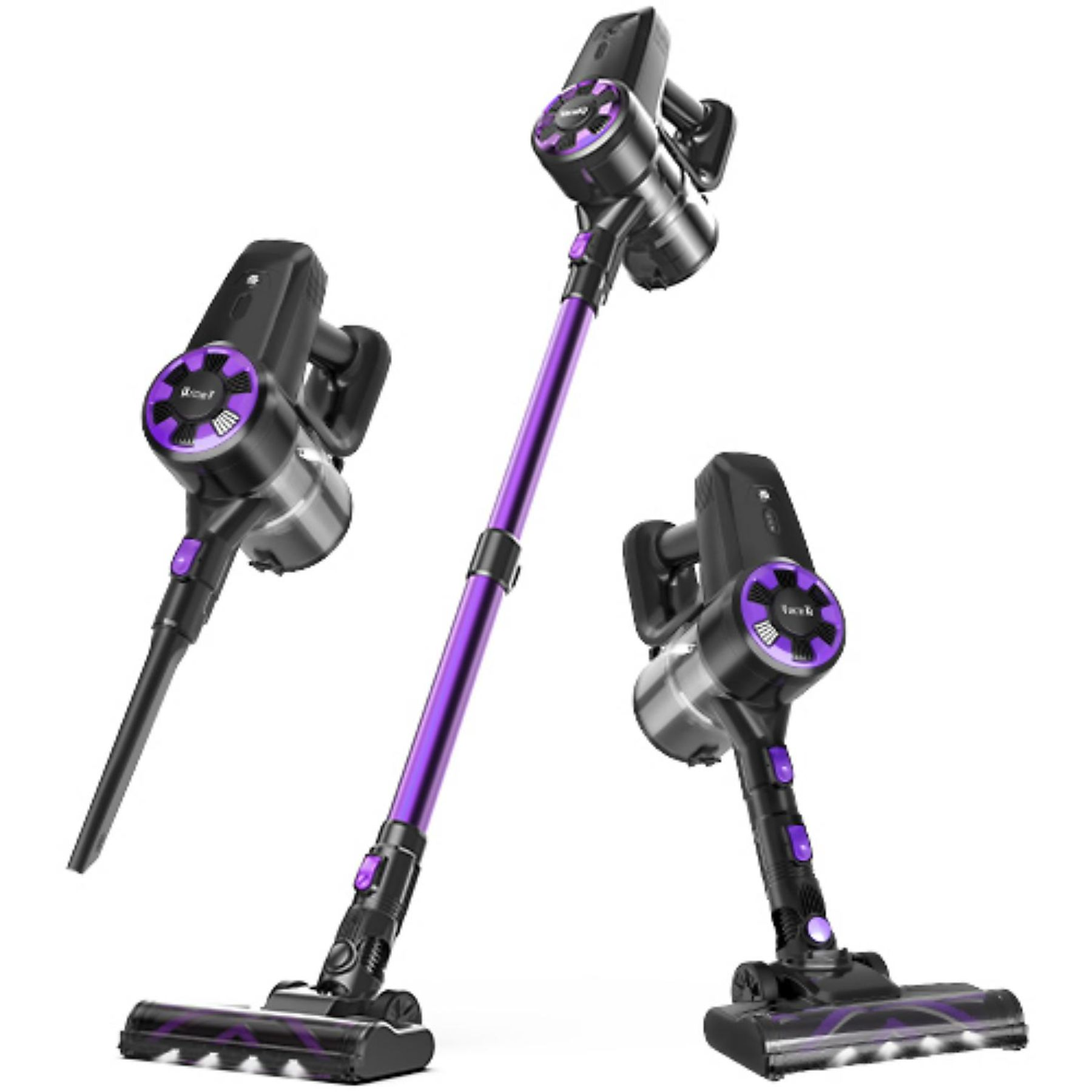 Purple and black vacuum cleaner shown in three angles. White background.