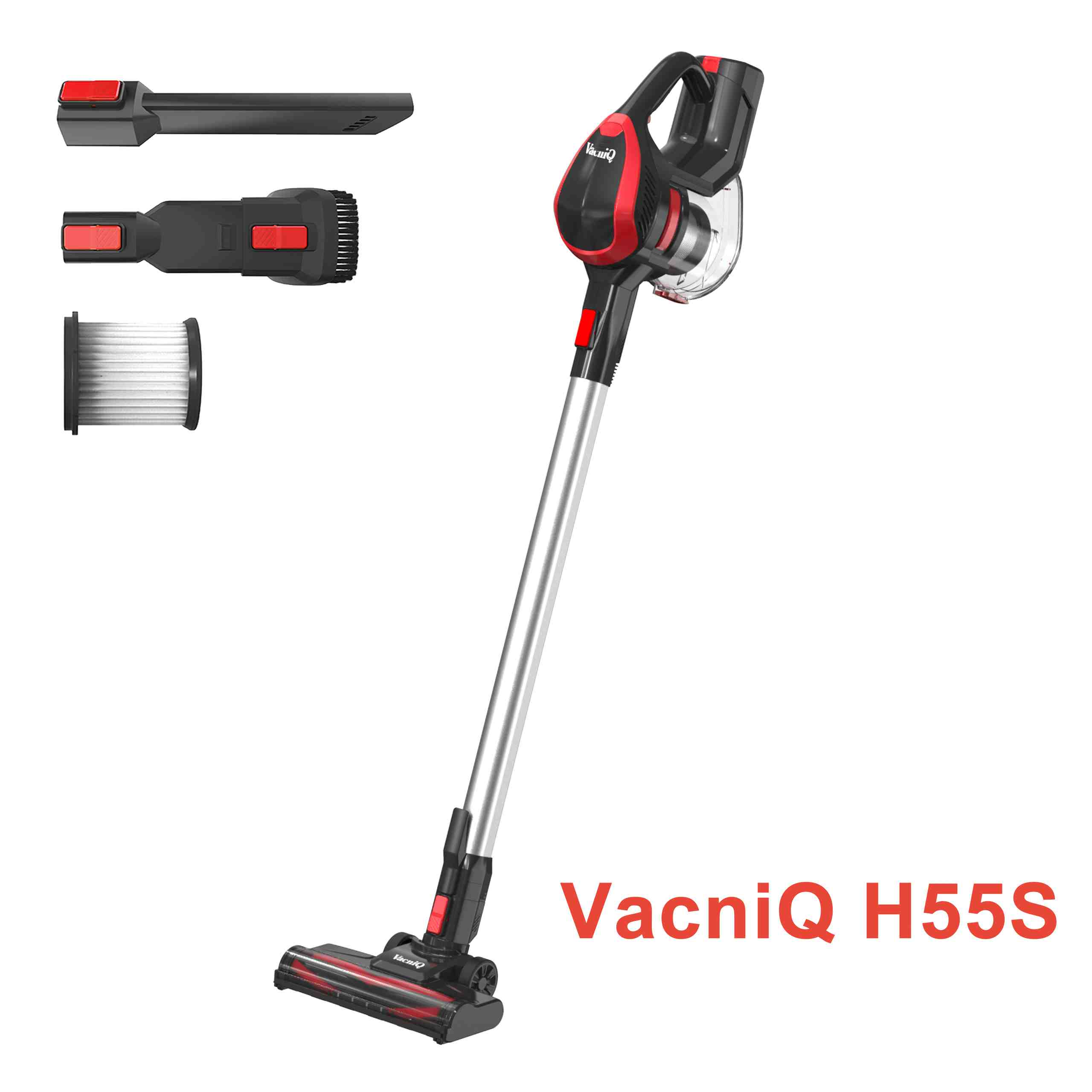 Czerwony i srebrny odkurzacz z akcesoriami. Białe tło.