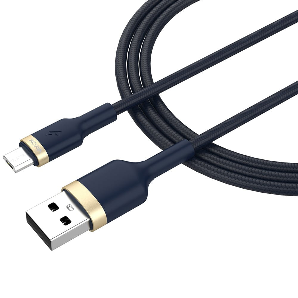 Ciemnoniebieski kabel USB do USB-C ze złotymi akcentami. Pleciony przewód.