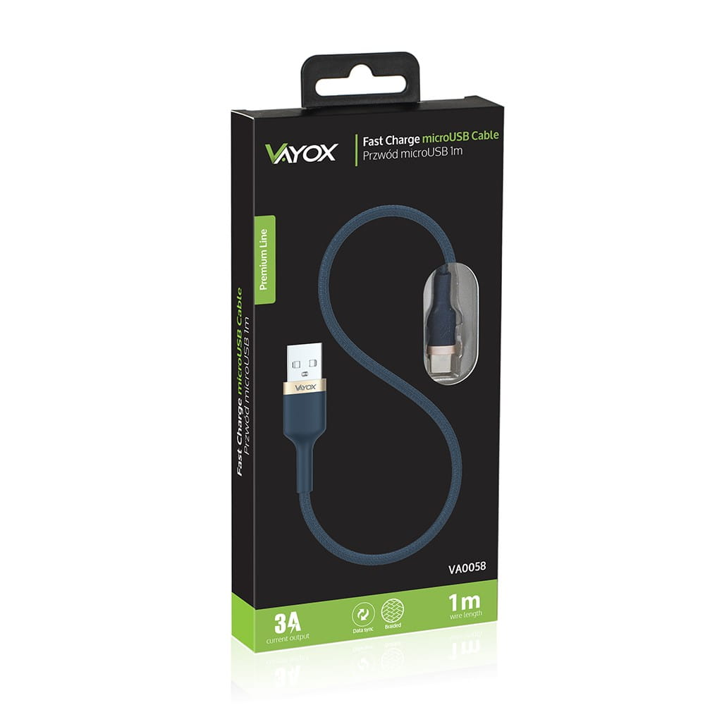 Czarny i niebieski kabel microUSB w pudełku. Pudełko ciemne z białym tekstem.