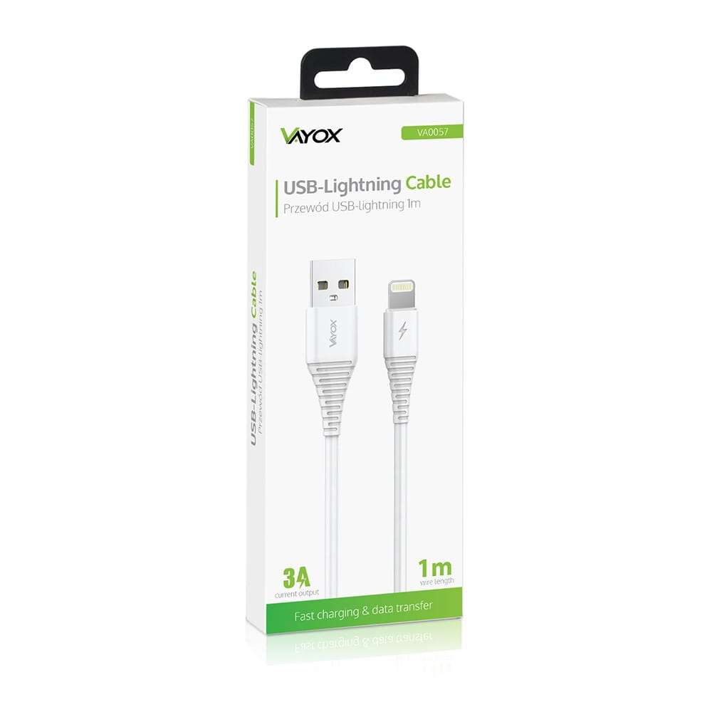 Biały kabel USB-Lightning w opakowaniu, z marką VAYOX i szczegółami produktu.