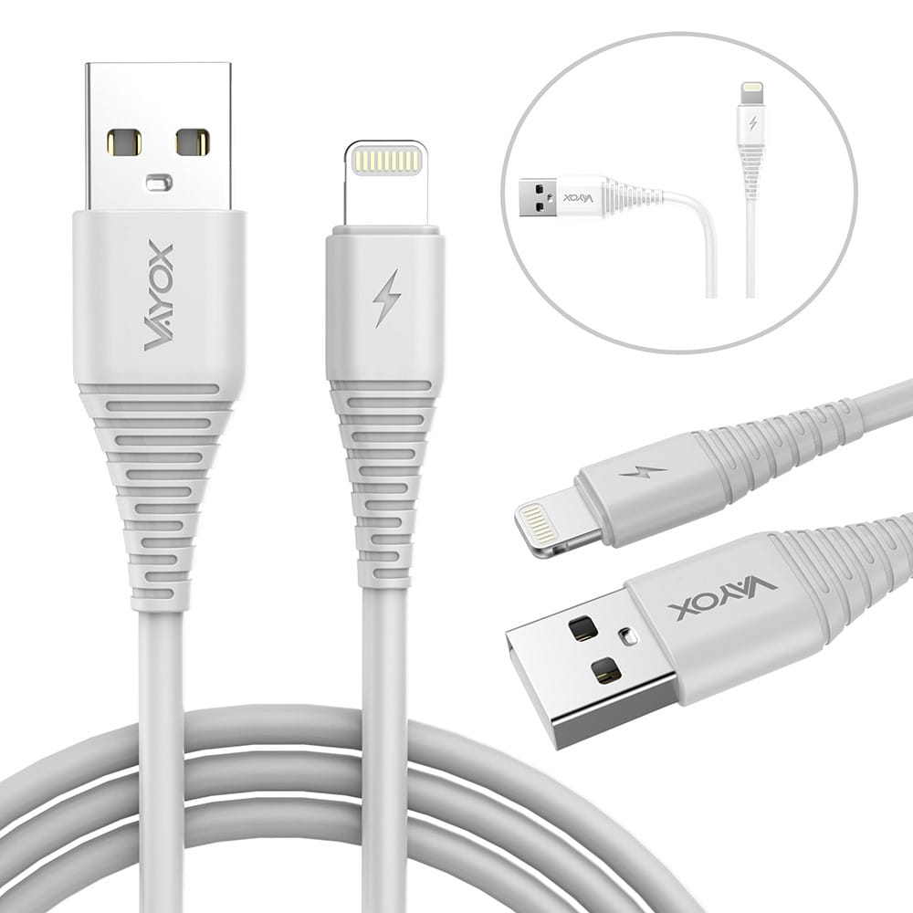 Biały kabel USB do Lightning z marką Vayox. Białe tło. Dodatkowe przykłady kabli.