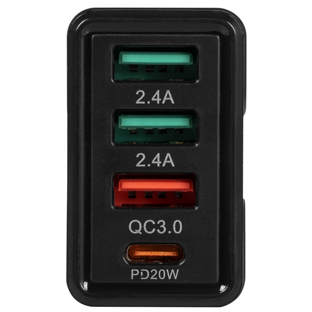 Czarna ładowarka ścienna z wieloma portami USB, marki Vayox. Zielone i pomarańczowe porty.