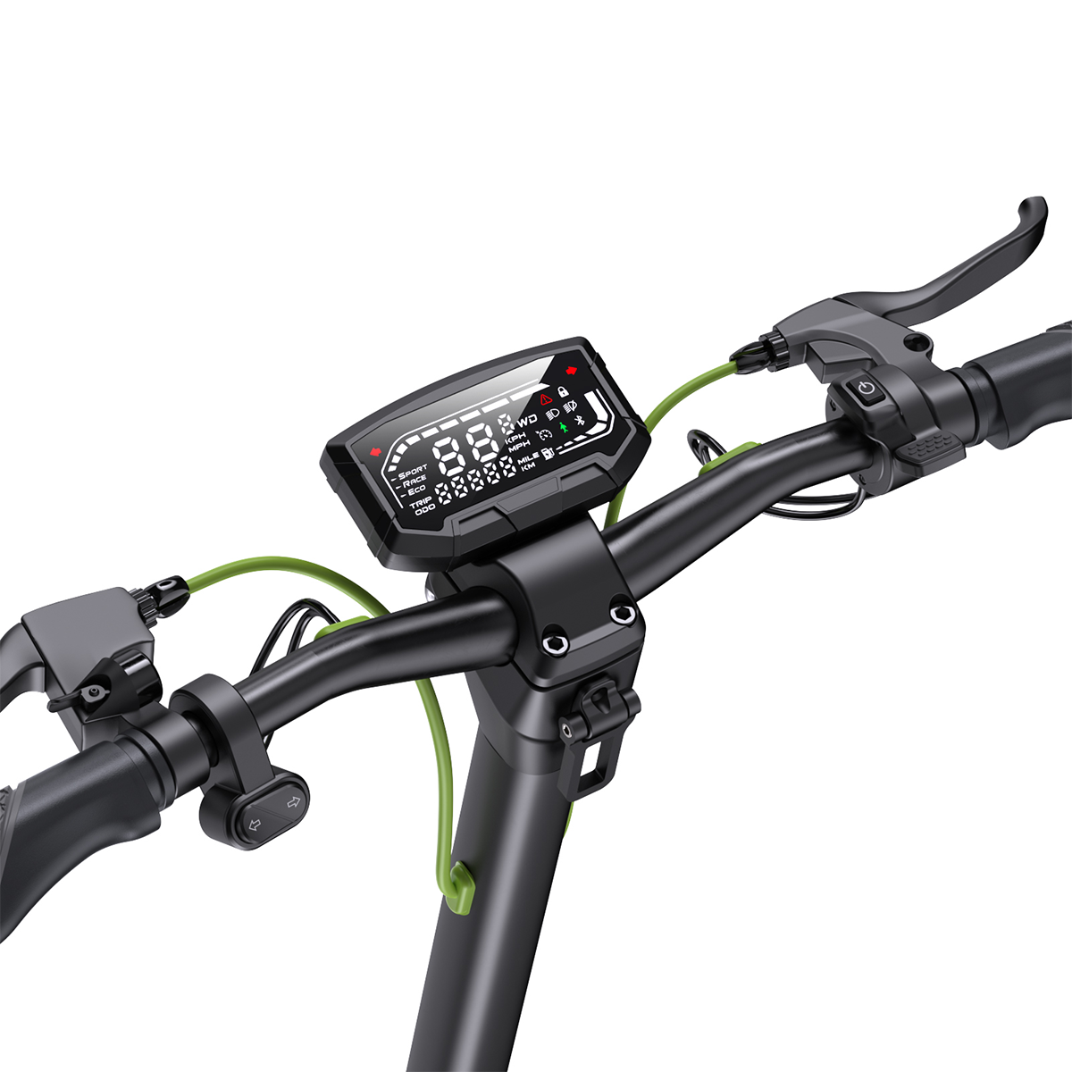 Zbliżenie kierownicy hulajnogi elektrycznej z wyświetlaczem pokazującym cyfry, zielone kable i elementy sterujące. Białe tło.