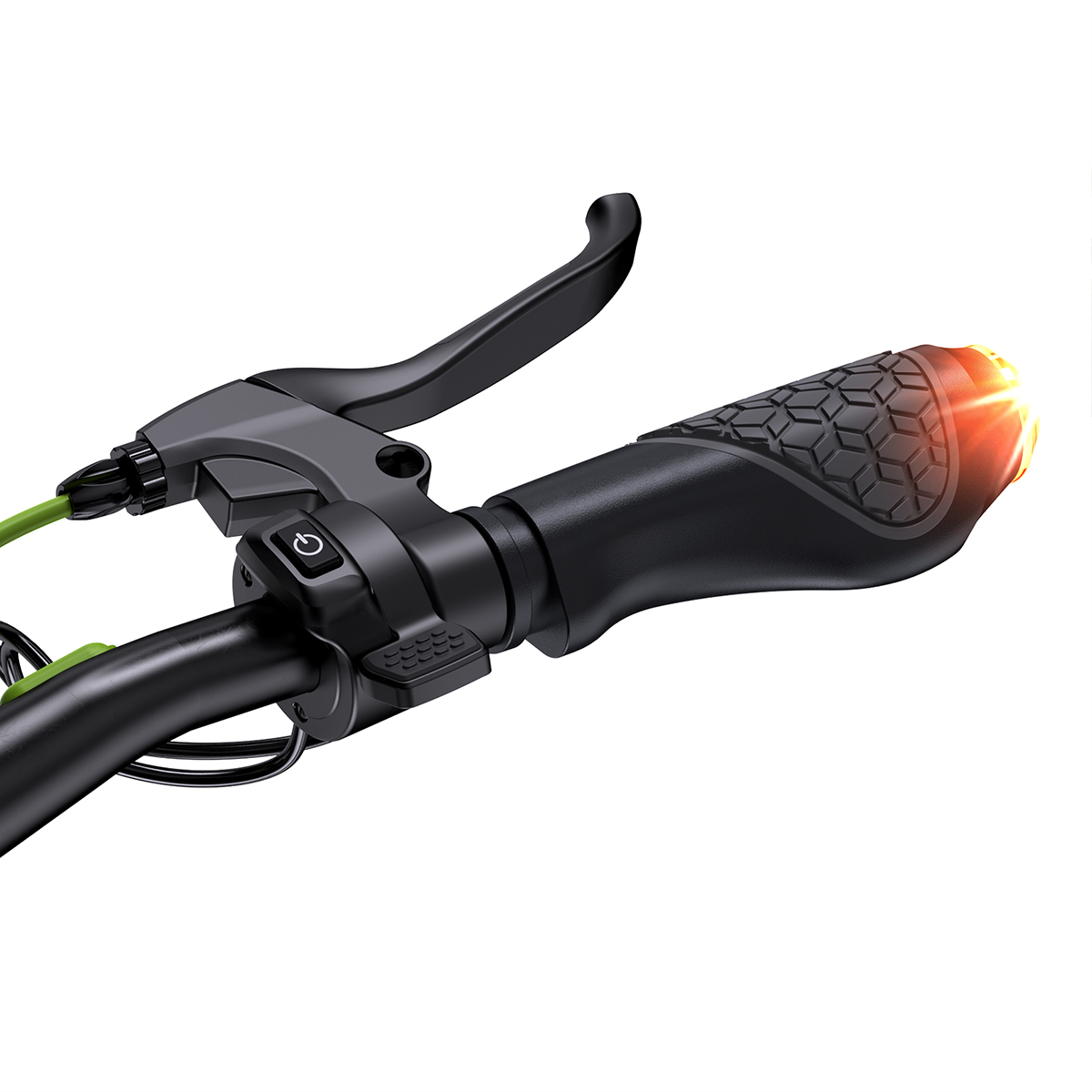 Zbliżenie kierownicy roweru z dźwignią, przyciskiem zasilania i światłem.