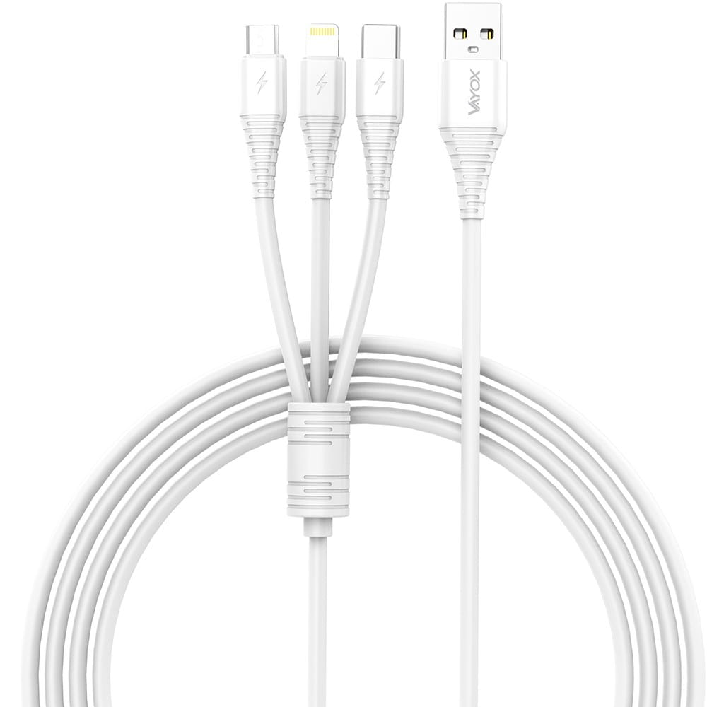Biały kabel ładujący z złączami USB-C, Lightning i USB-A na białym tle.