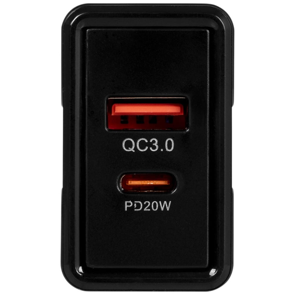 Czarna ładowarka z dwoma portami: QC3.0 i PD20W. Porty są czerwone.