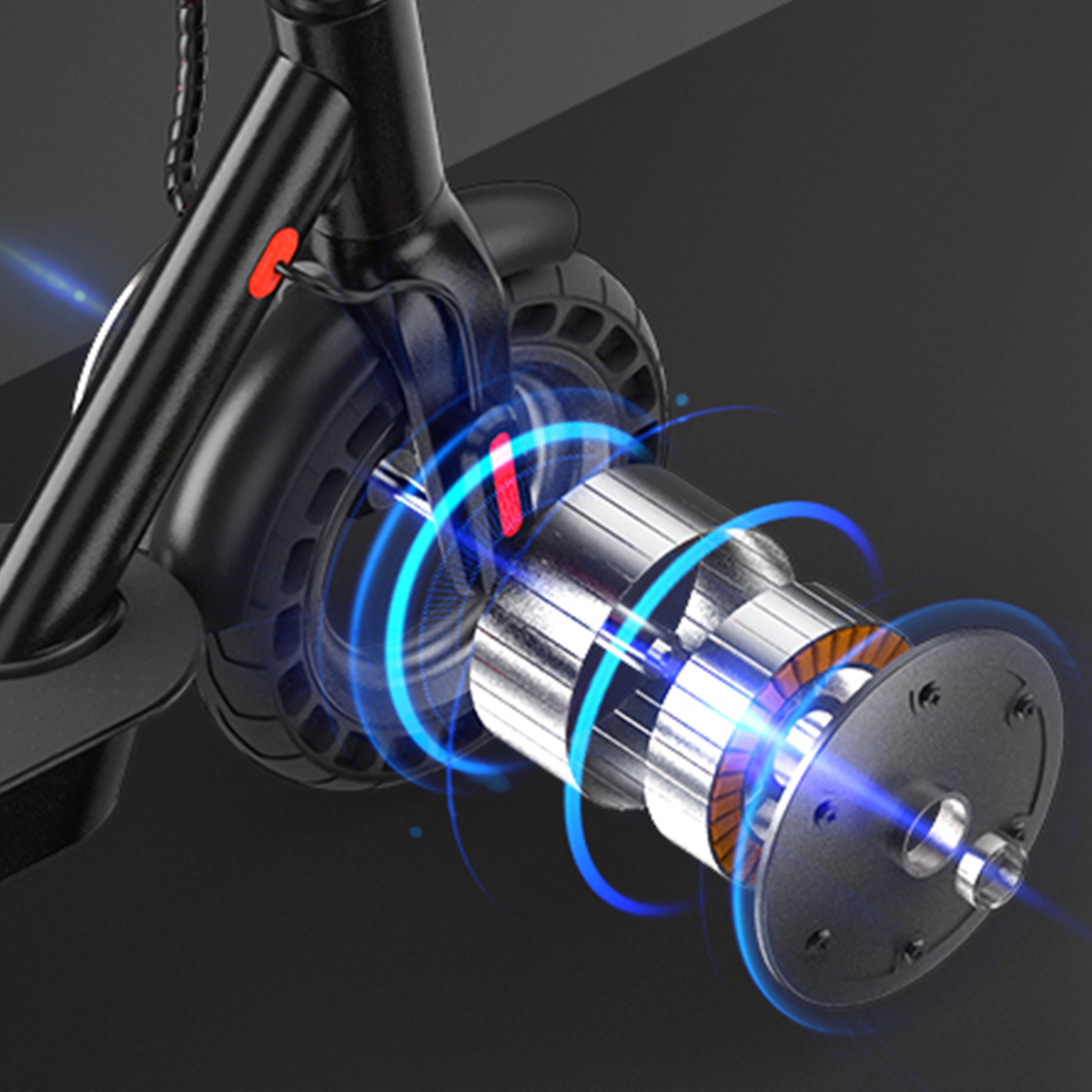 Zbliżenie silnika hulajnogi elektrycznej z efektem niebieskiego światła na czarnym tle.