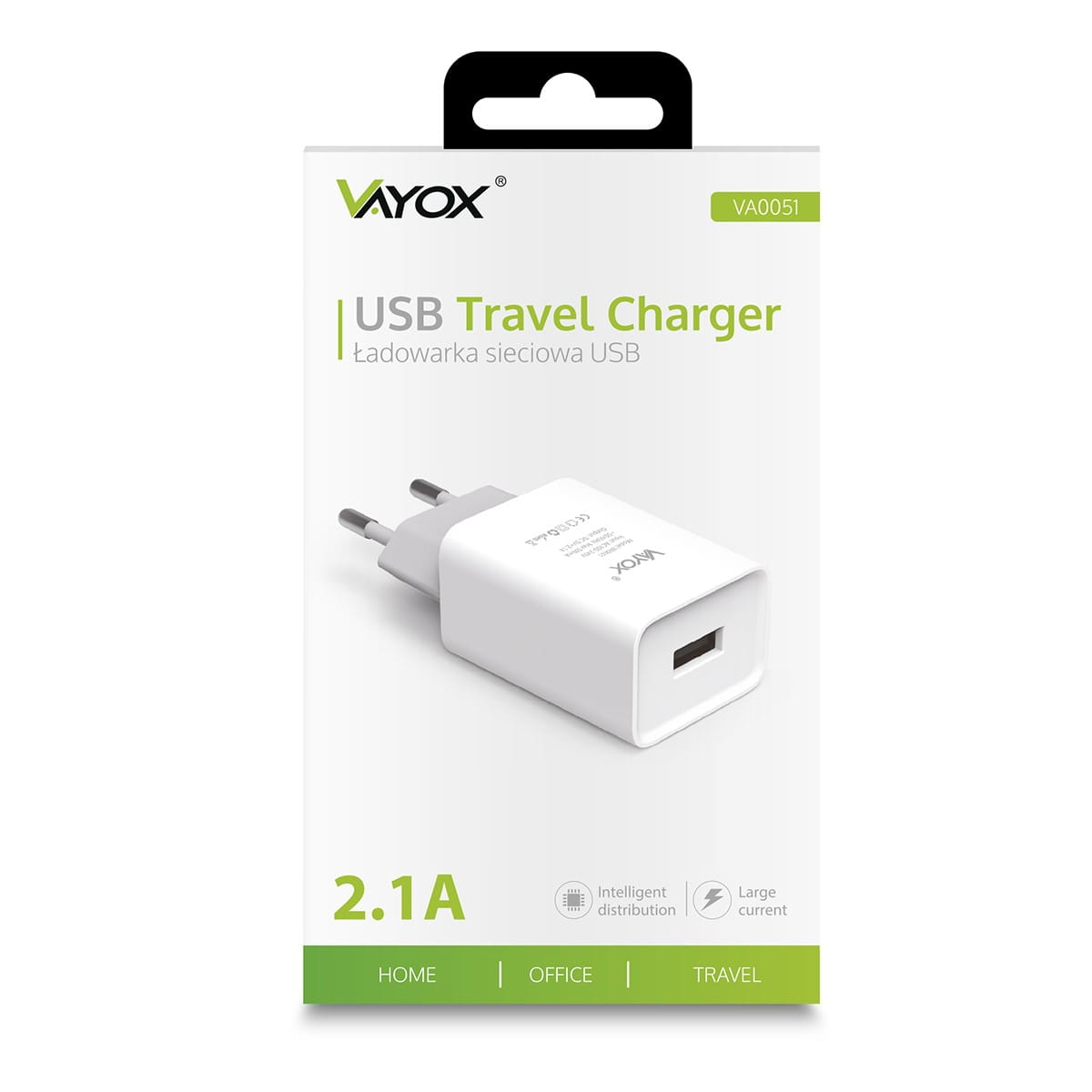 Biała ładowarka podróżna w pudełku z etykietami Vayox i USB Travel Charger.