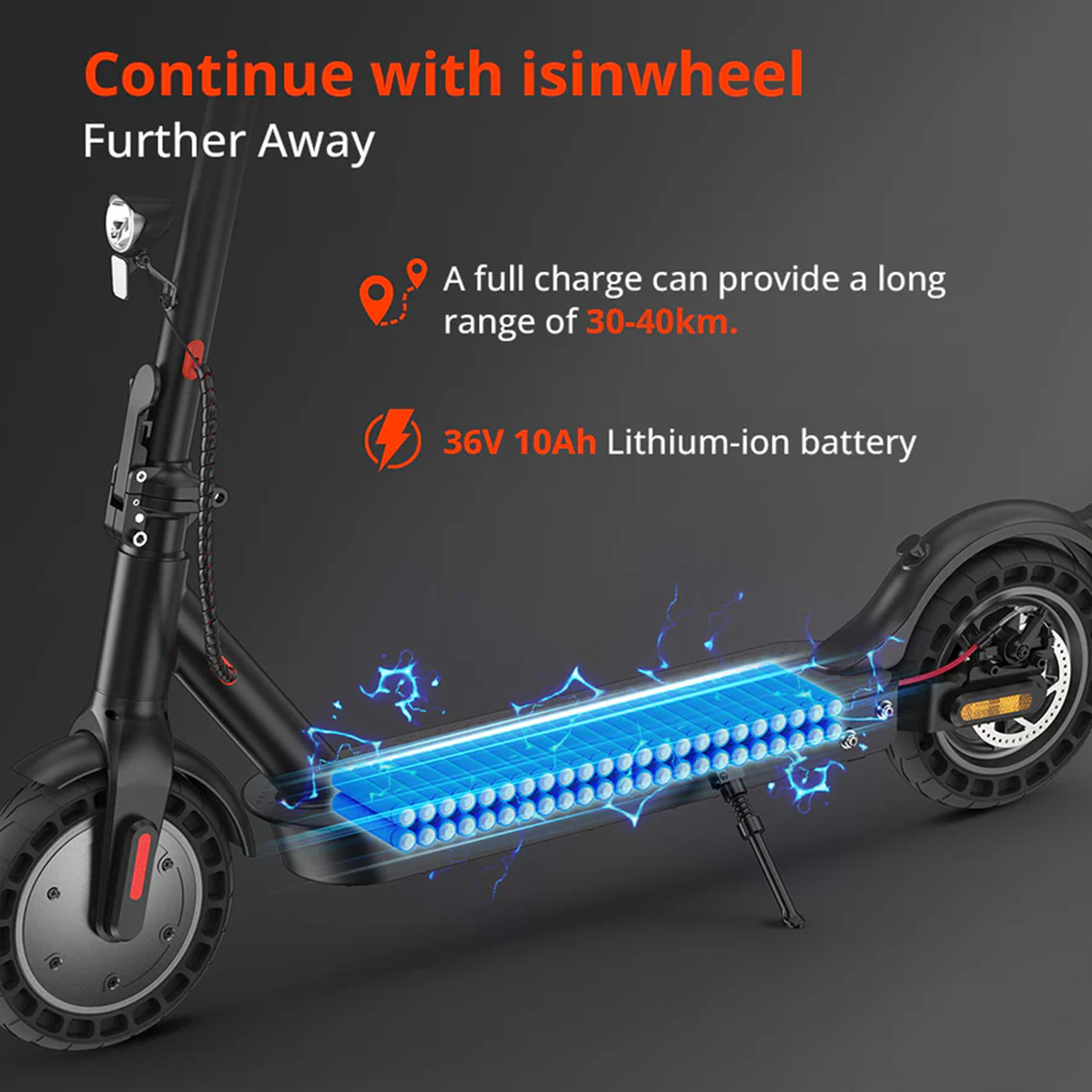 Hulajnoga elektryczna z diagramem baterii i tekstem o zasięgu i szczegółach baterii.