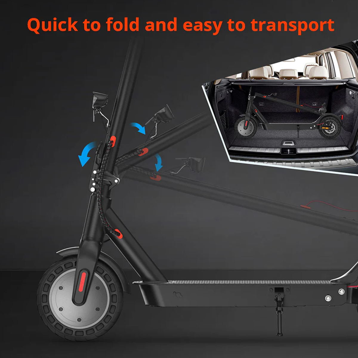 Hulajnoga elektryczna składana, z bagażnikiem samochodu w tle i niebieskimi strzałkami.