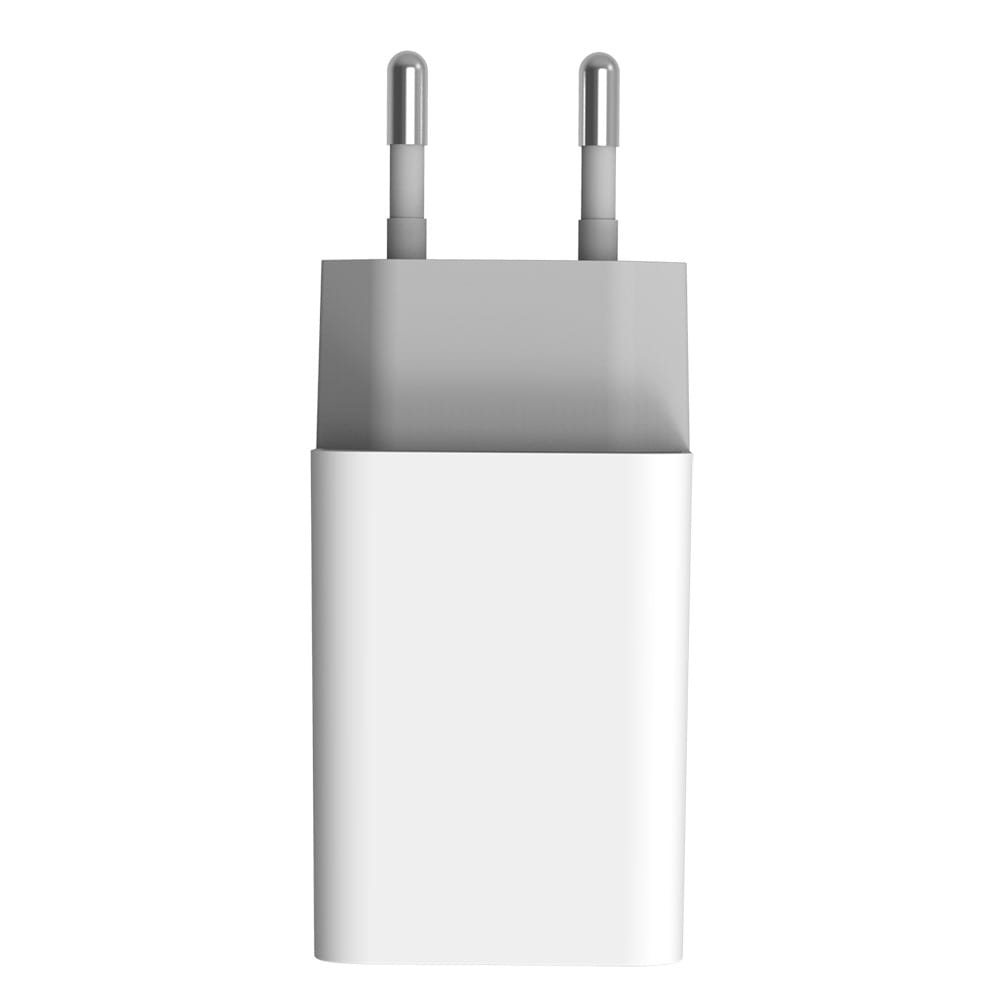 Biała ładowarka USB z szarymi bolcami, widok z boku, bolce skierowane do góry.