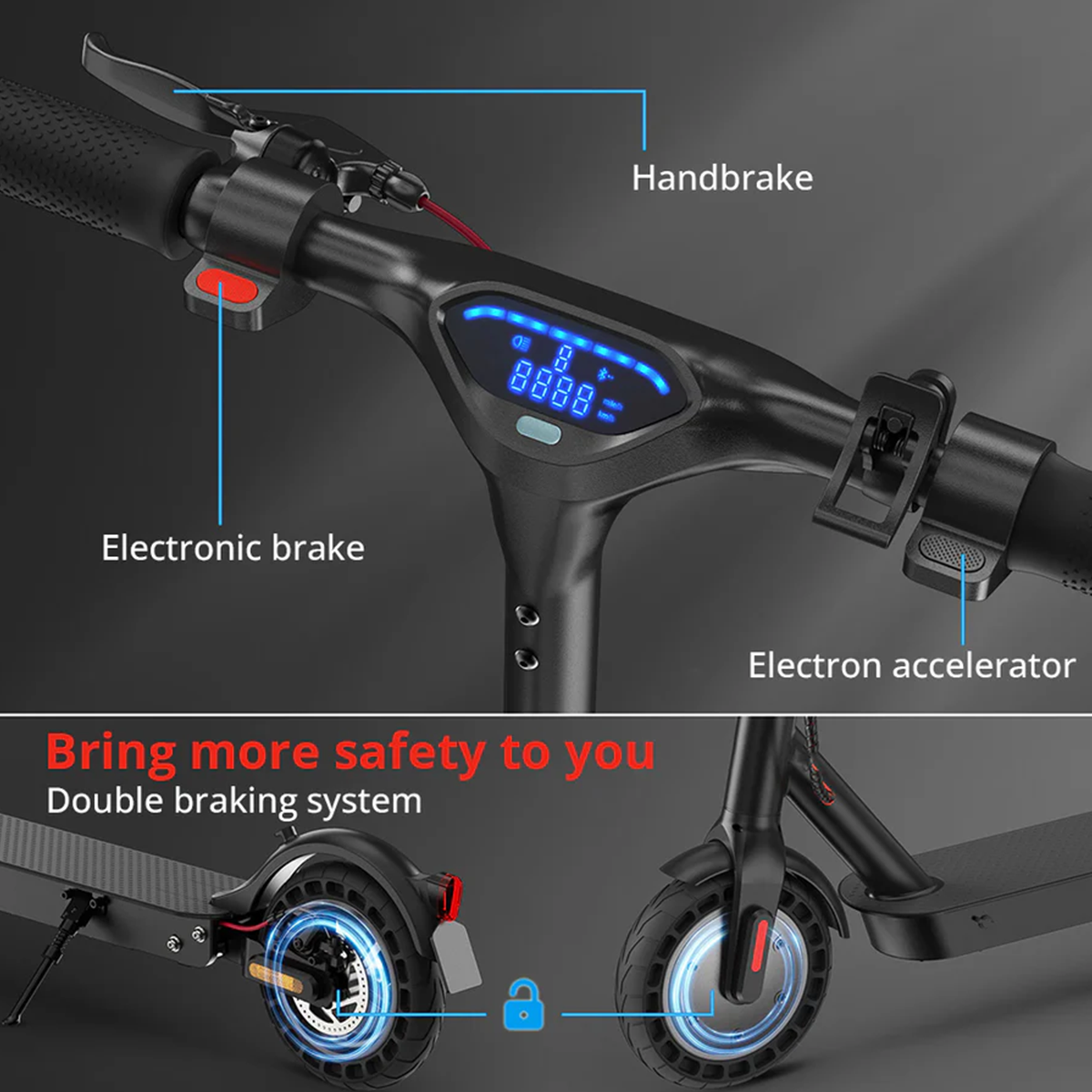 Elementy sterowania hulajnogą elektryczną, w tym hamulec ręczny, hamulec elektroniczny i przyspieszacz.
