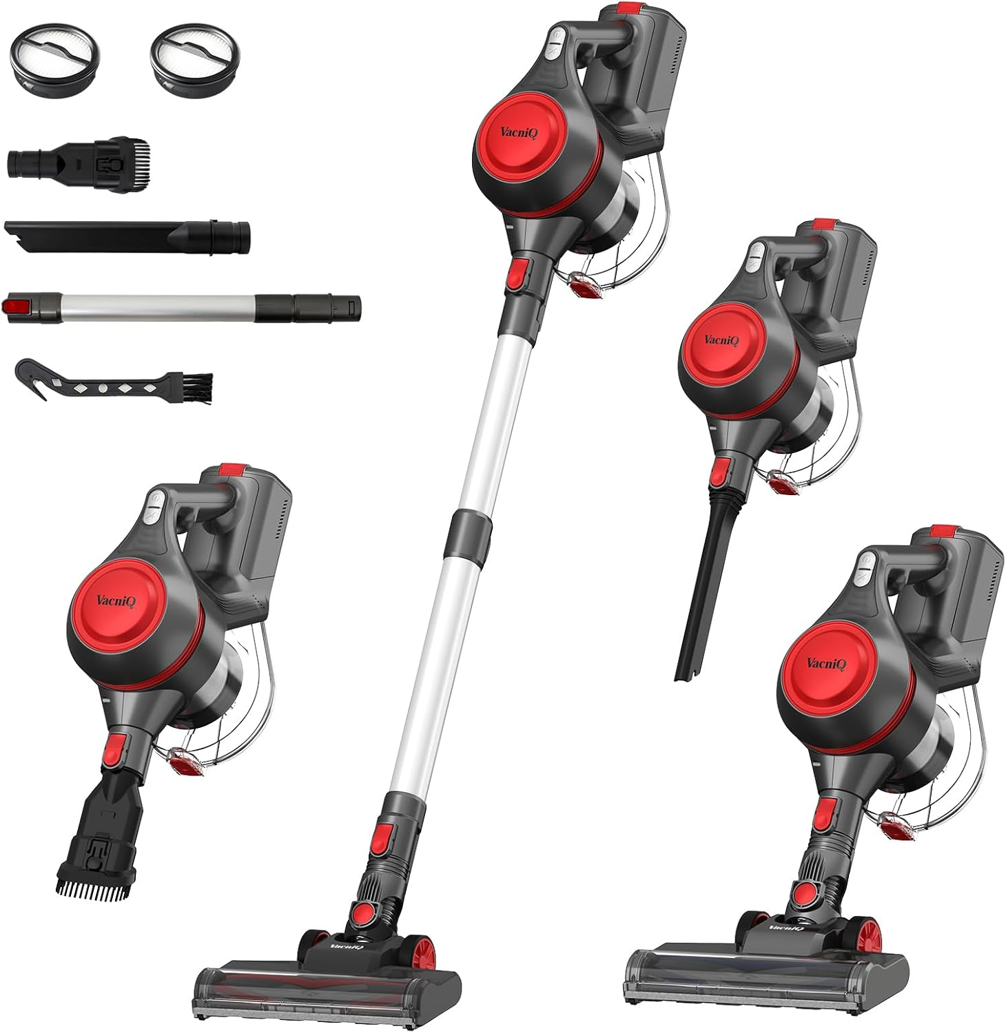 Odkurzacz z różnymi nasadkami po lewej i innymi częściami odkurzacza po prawej.