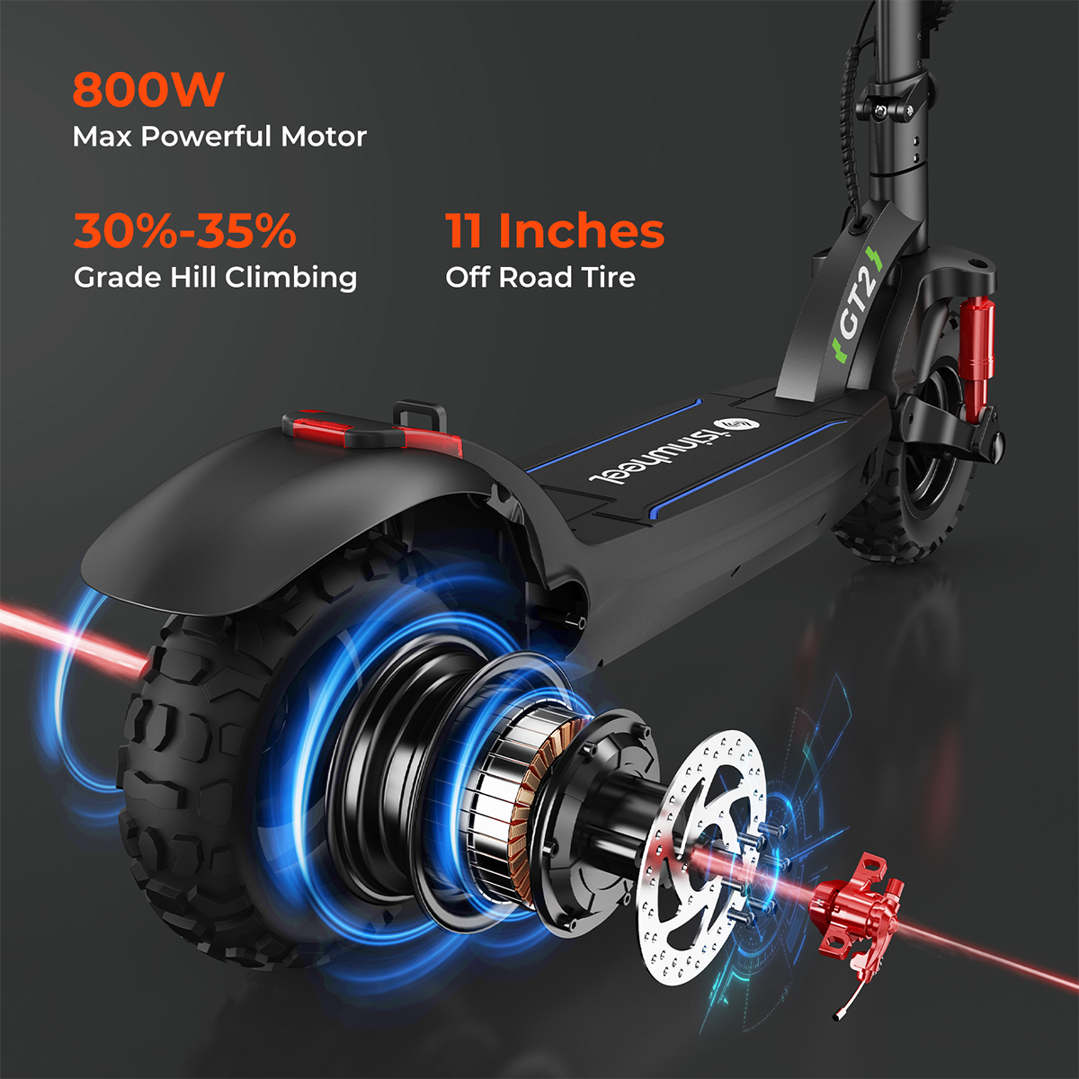 Hulajnoga elektryczna z podświetlonymi detalami silnika i opon, efektami niebieskiego światła i czarnym tłem.