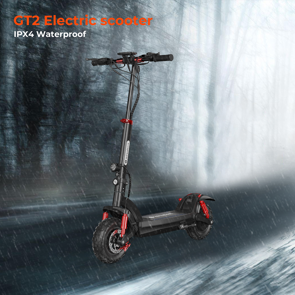 Hulajnoga elektryczna w deszczu. Czarno-czerwony design.