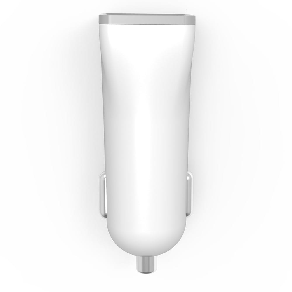 Biała ładowarka samochodowa, widok z góry, na białym tle.