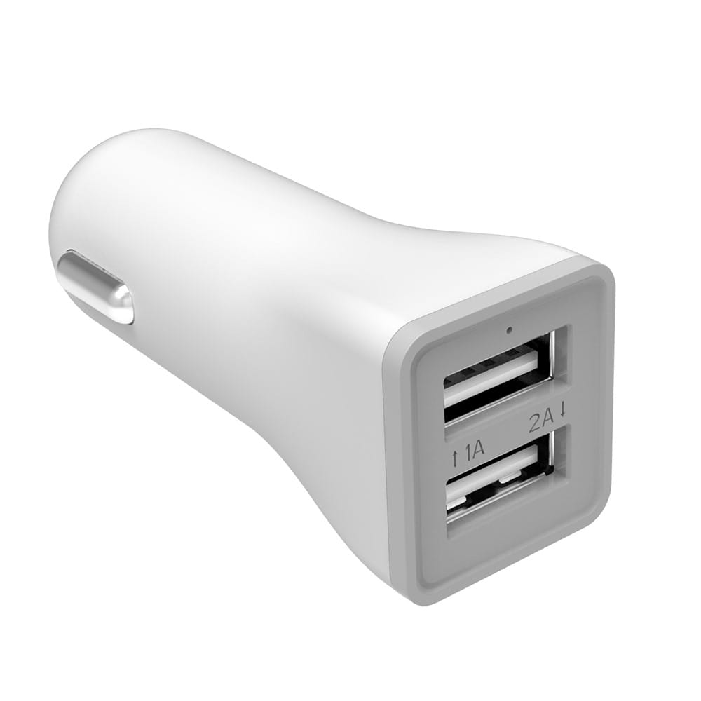 Opakowanie białej i szarej ładowarki samochodowej. Pokazuje ładowarkę, 2xUSB, 2.1A max.