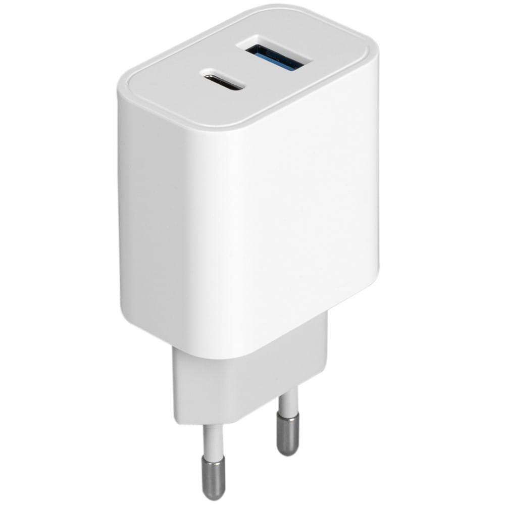 Biała ładowarka USB z dwoma portami, wtyczką i dwoma pinami. To widok izometryczny.