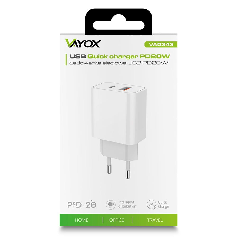 Biała ładowarka USB quick PD20W, marki 'VAYOX', z czarnym i zielonym pudełkiem. Tekst wskazuje na użytkowanie w domu, biurze i podróży.