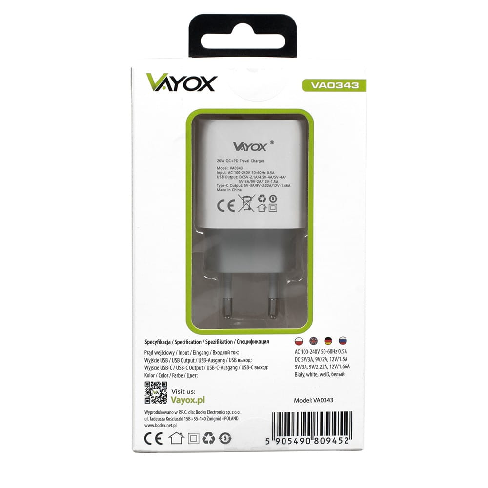 Opakowanie ładowarki Vayox pokazujące ładowarkę i jej specyfikacje techniczne.