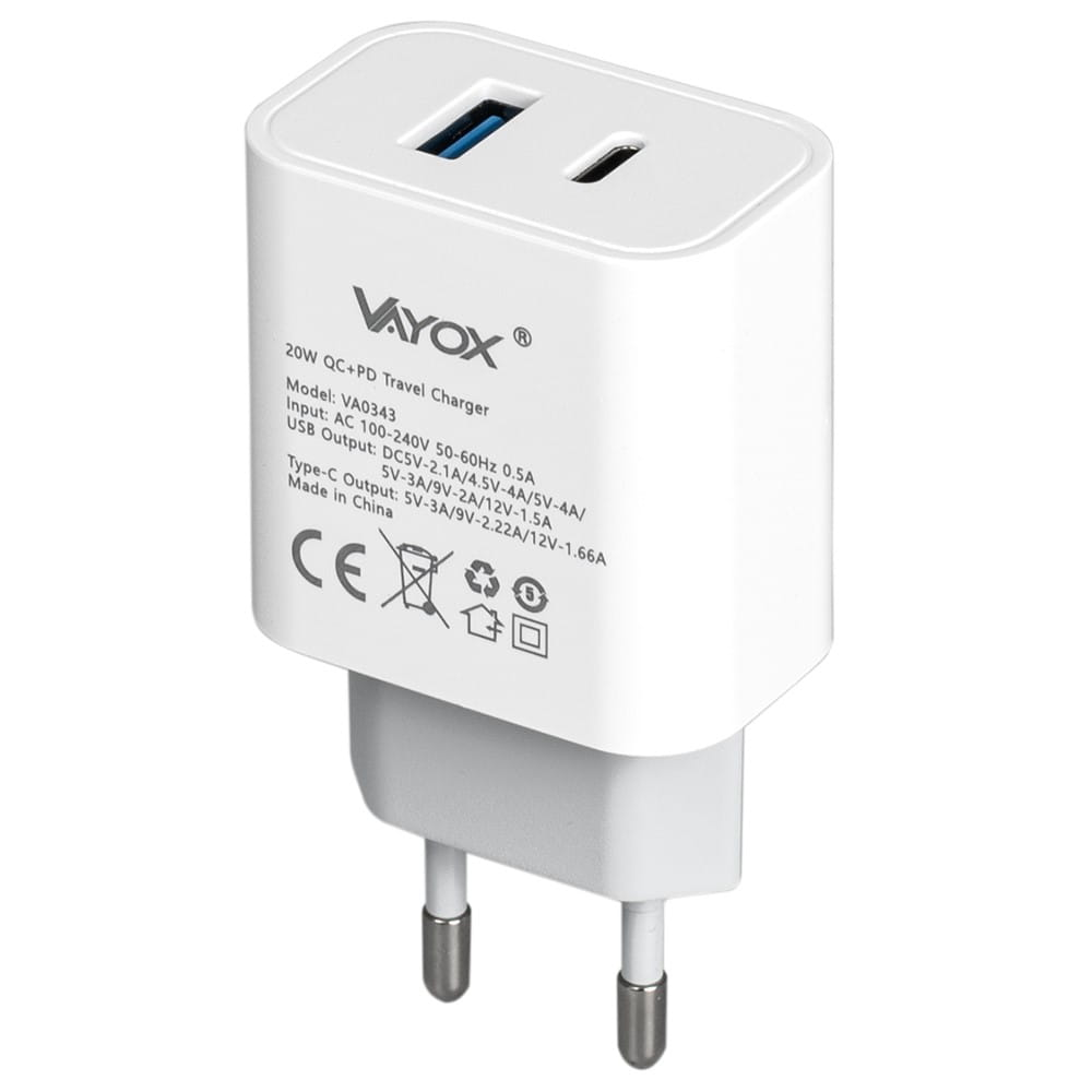 Biała ładowarka podróżna Vayox ze specyfikacją: 20W QC+PD, wyjścia USB i Type-C oraz oznaczenia CE.