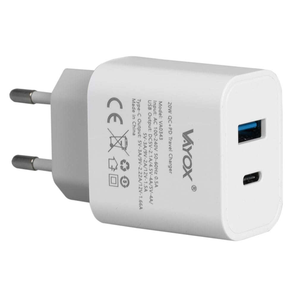 Biała ładowarka z portem USB-C i portem USB.