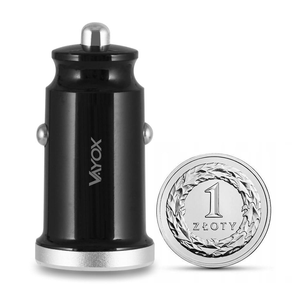 Czarna ładowarka samochodowa ze srebrnymi akcentami i polską monetą 1 Złoty. Ładowarka ma logo 'VAYOX'.