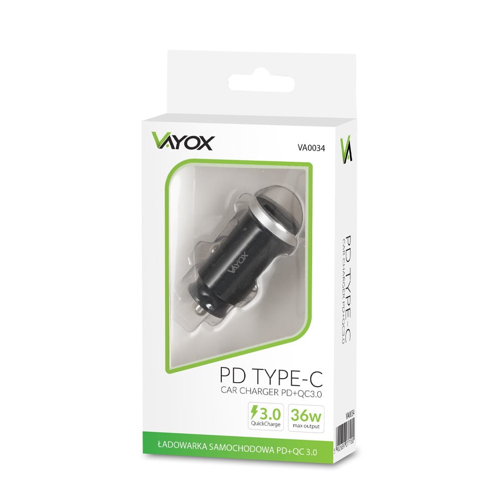 Zapakowana ładowarka samochodowa Vayox PD TYPE-C ze szczegółami produktu i widokiem ładowarki.