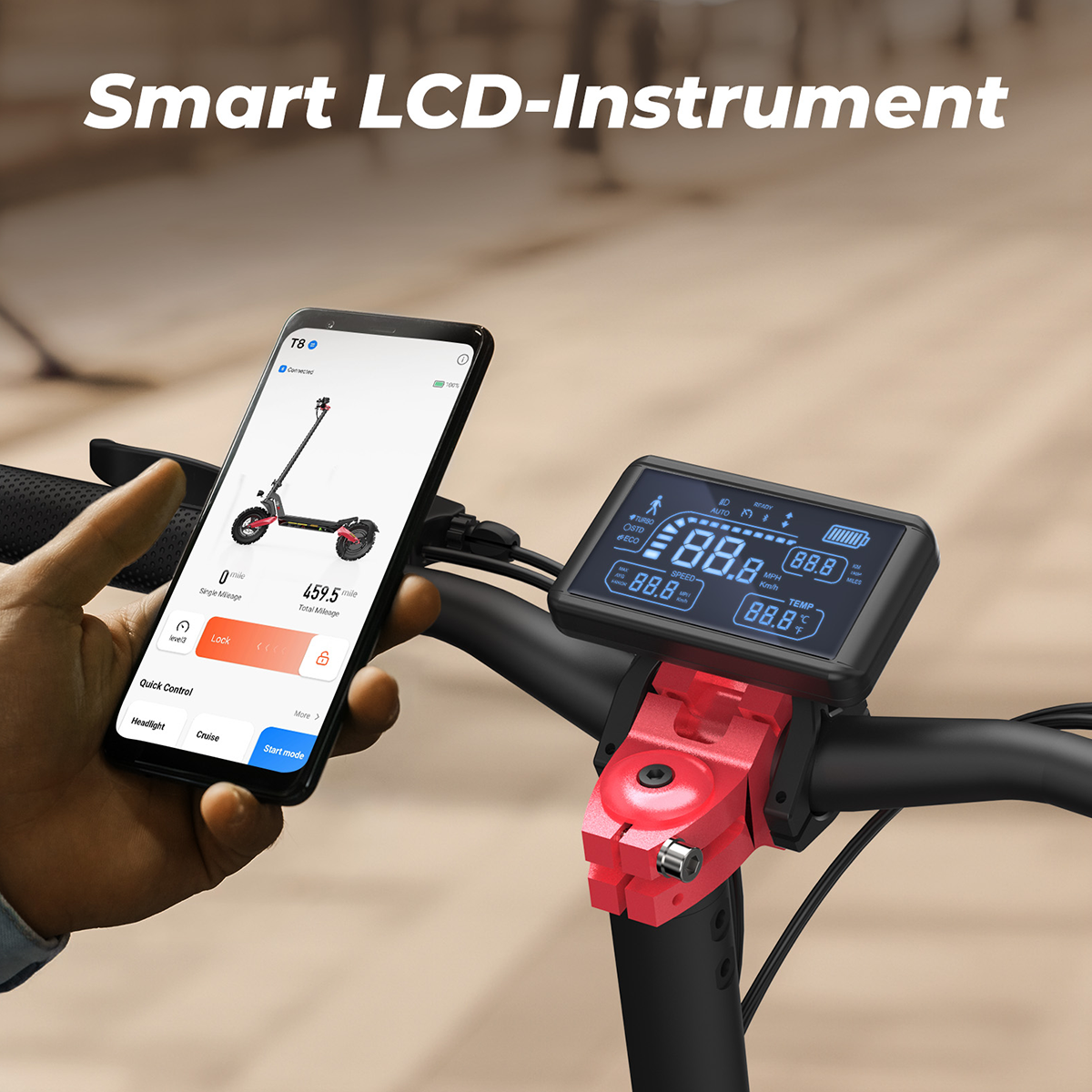 Inteligentny wyświetlacz LCD na kierownicy skutera, pokazujący prędkość, baterię i inne informacje.
