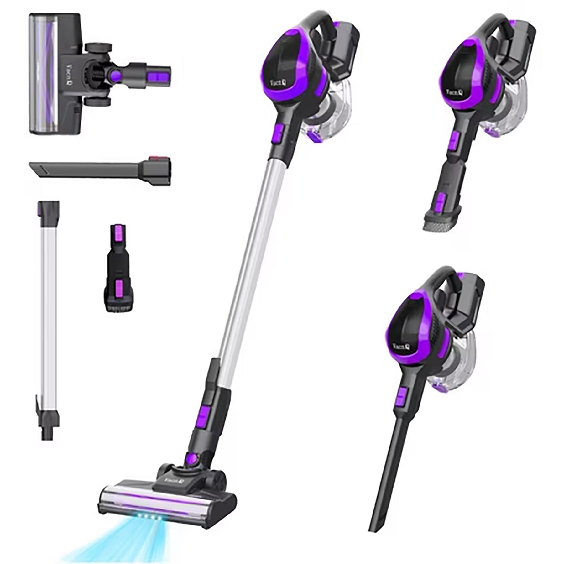 Odkurzacz zdemontowany na wiele części. Pokazano różne nasadki i jednostkę główną.