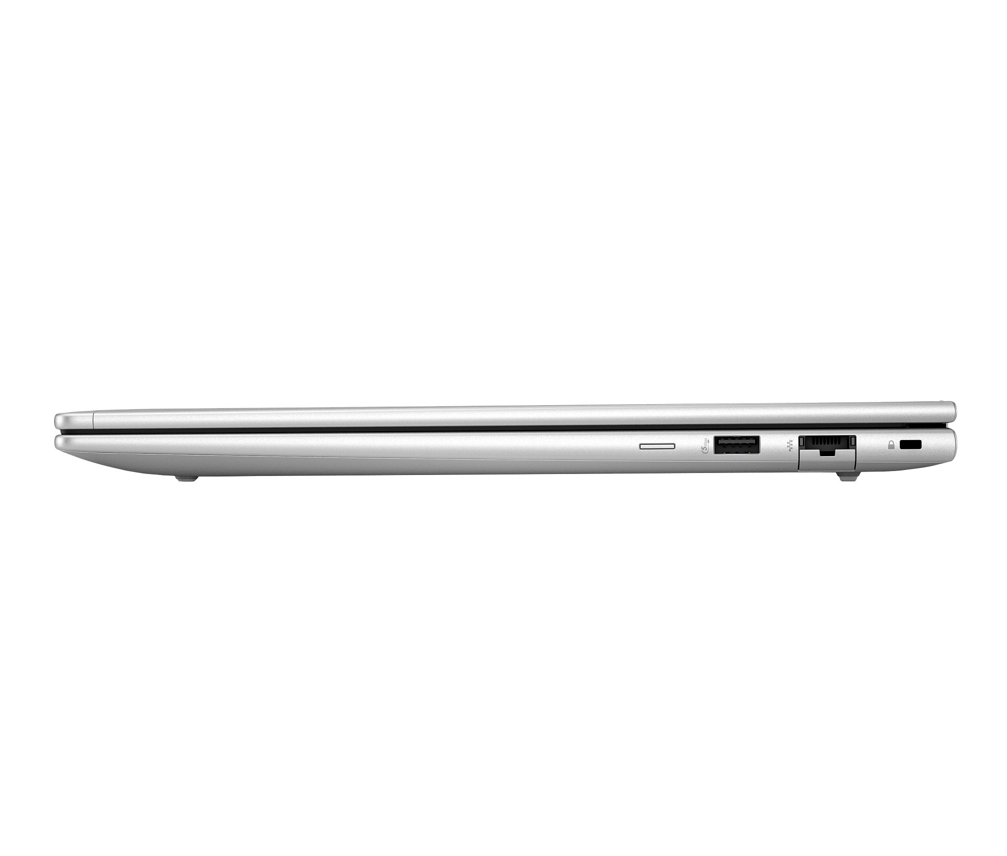 Vista laterale di un laptop argentato che mostra le porte e i dettagli, su sfondo bianco.